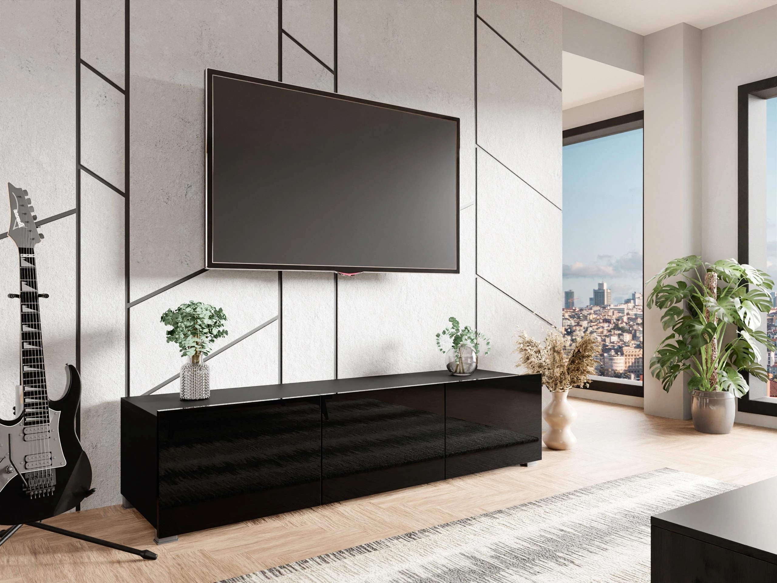TV stand Remus (Black + Glossy black)