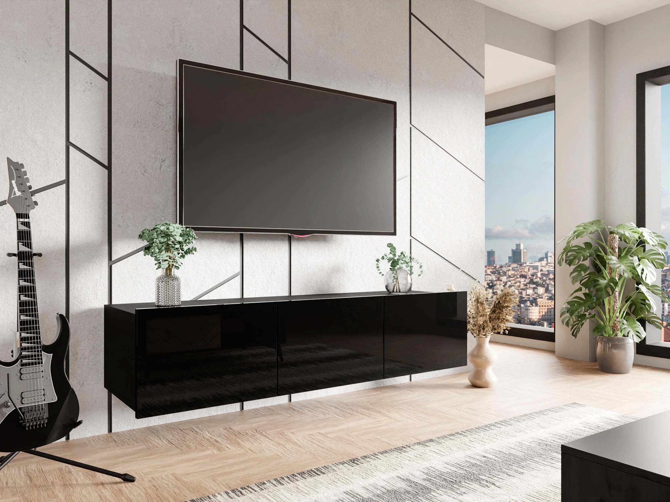 TV stand Remus (Black + Glossy black)