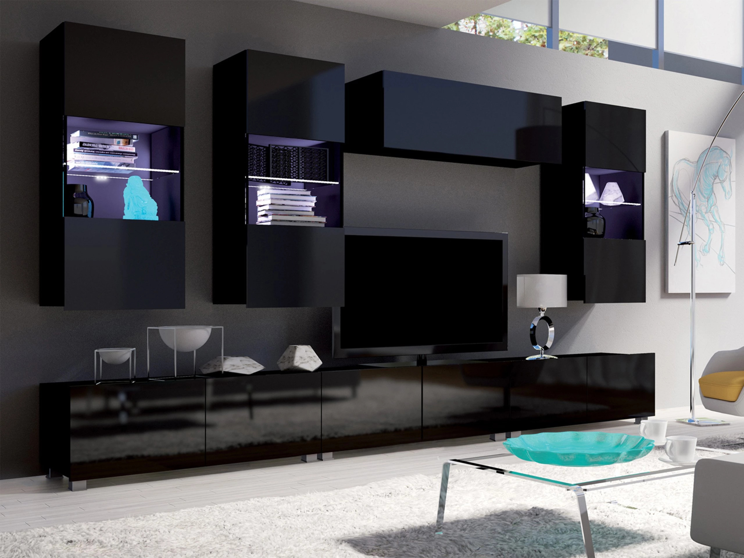 Wall cabinet Remus I (Black + Glossy black)