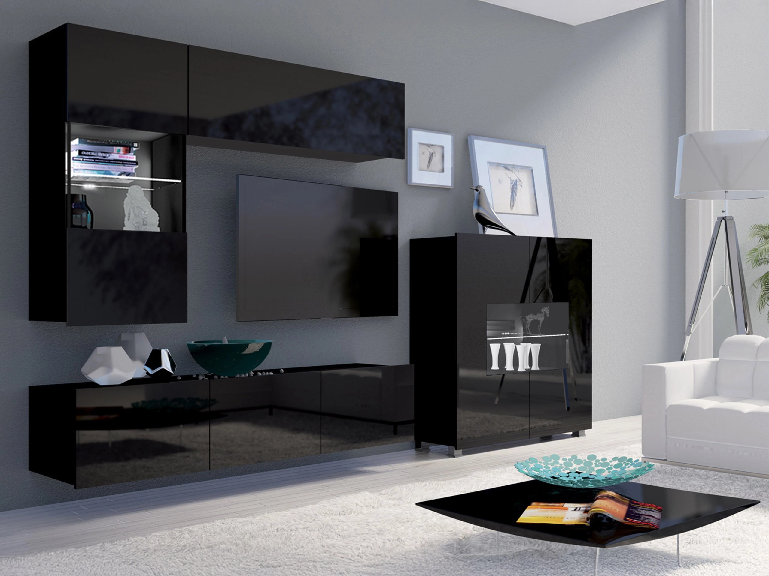 Living room set Remus III (Black + Glossy black)
