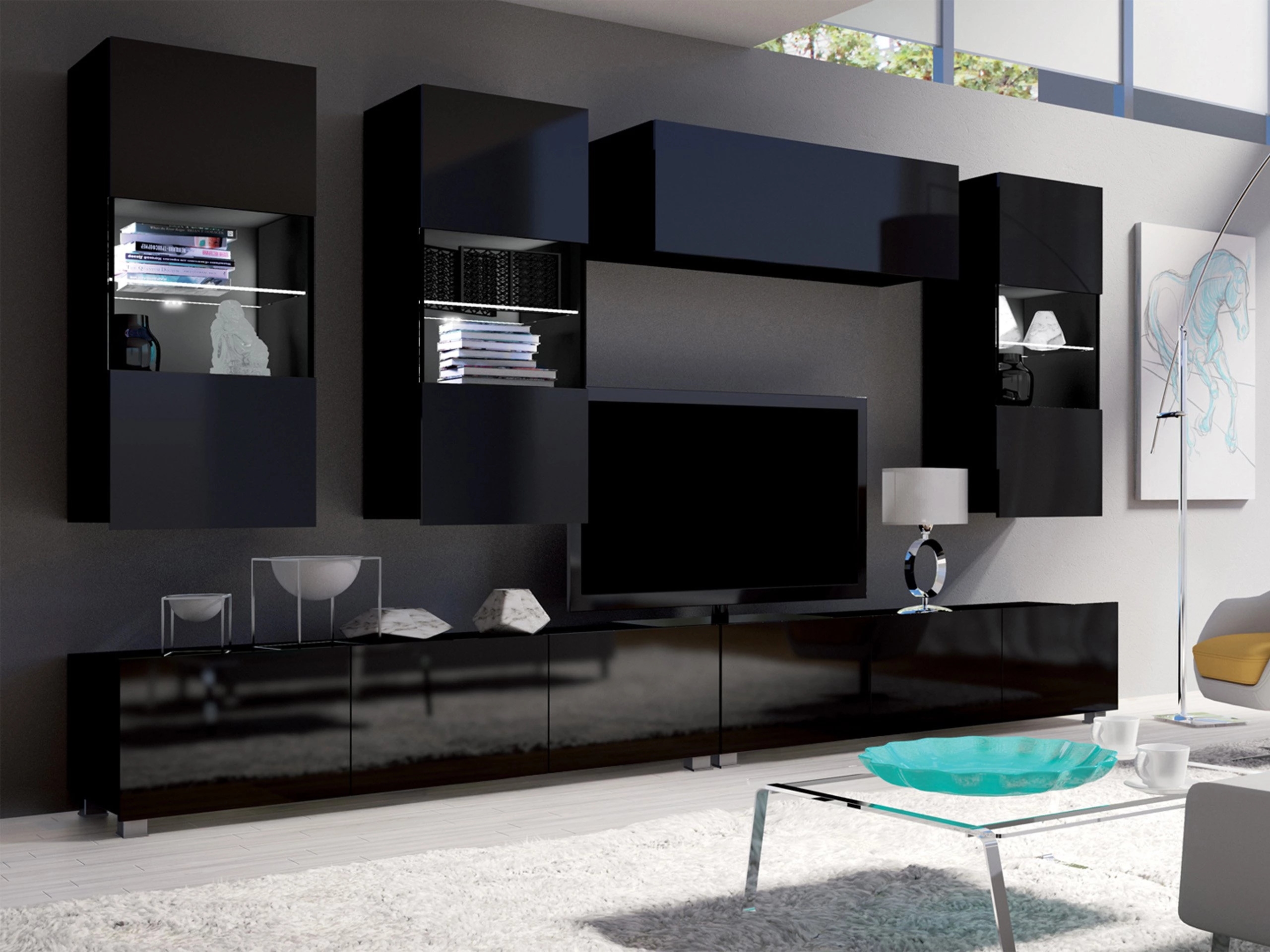Living room set Remus V (Black + Glossy black)