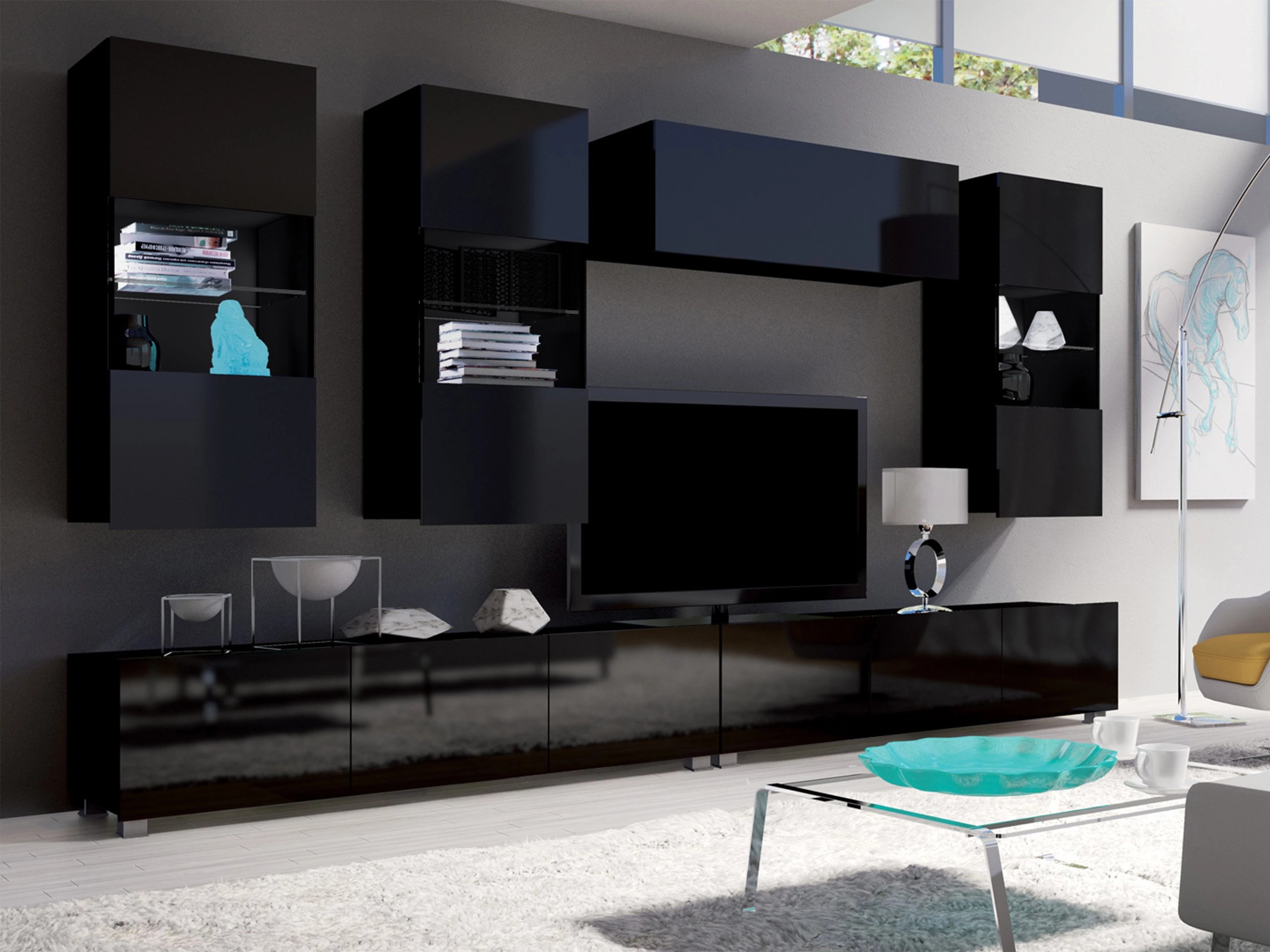 Living room set Remus V (Black + Glossy black)