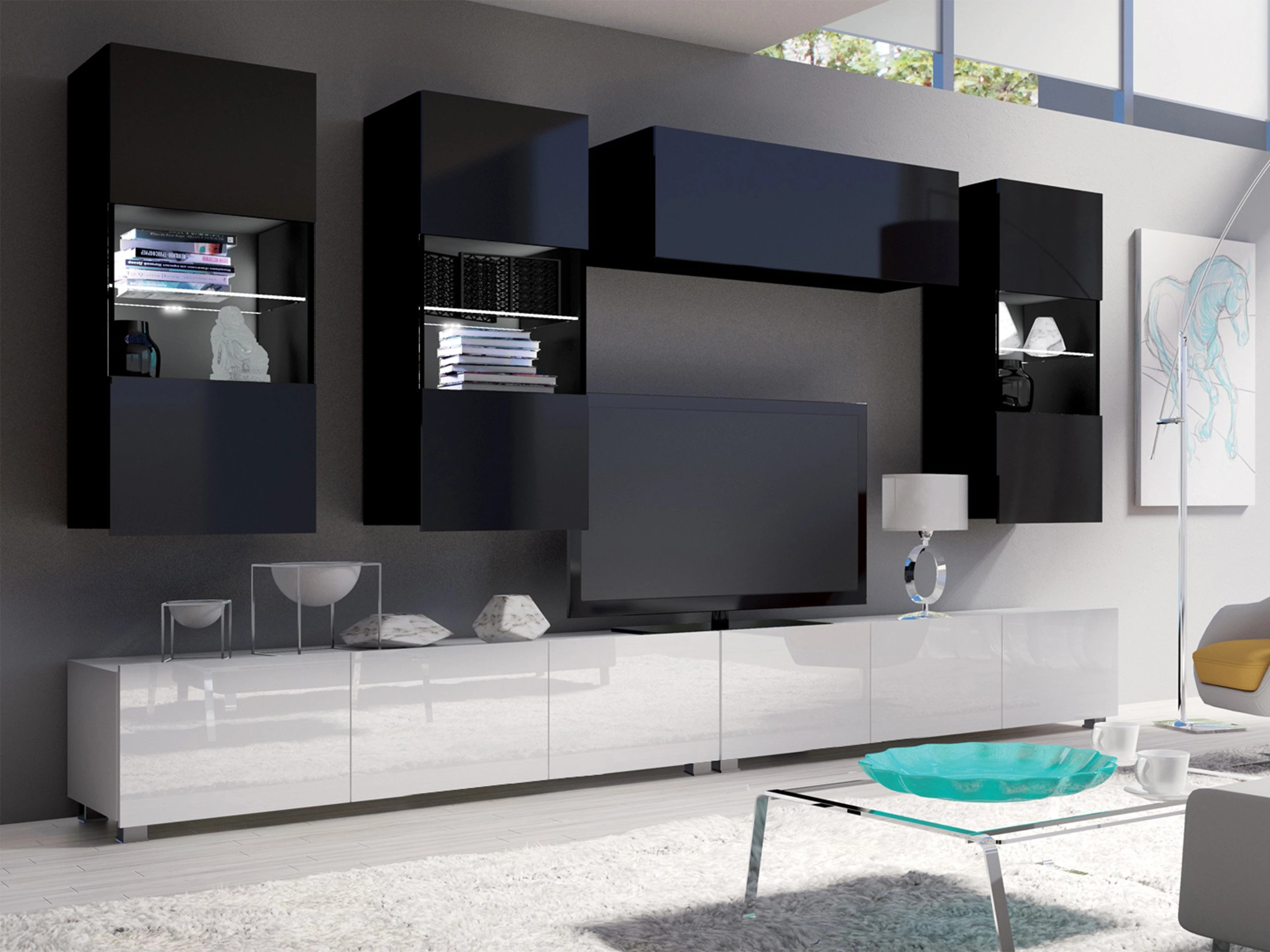 Living room set Remus V (White + Glossy white + Black + Glossy black)