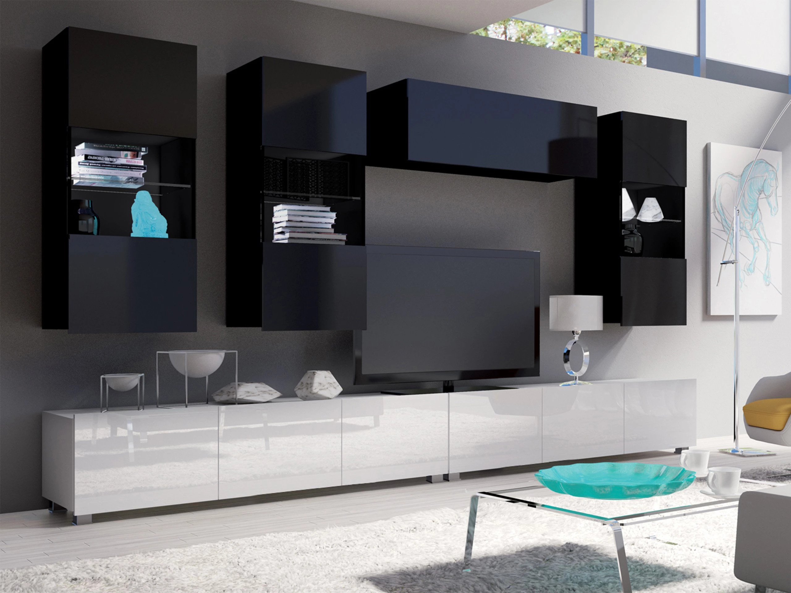 Living room set Remus V (White + Glossy white + Black + Glossy black)