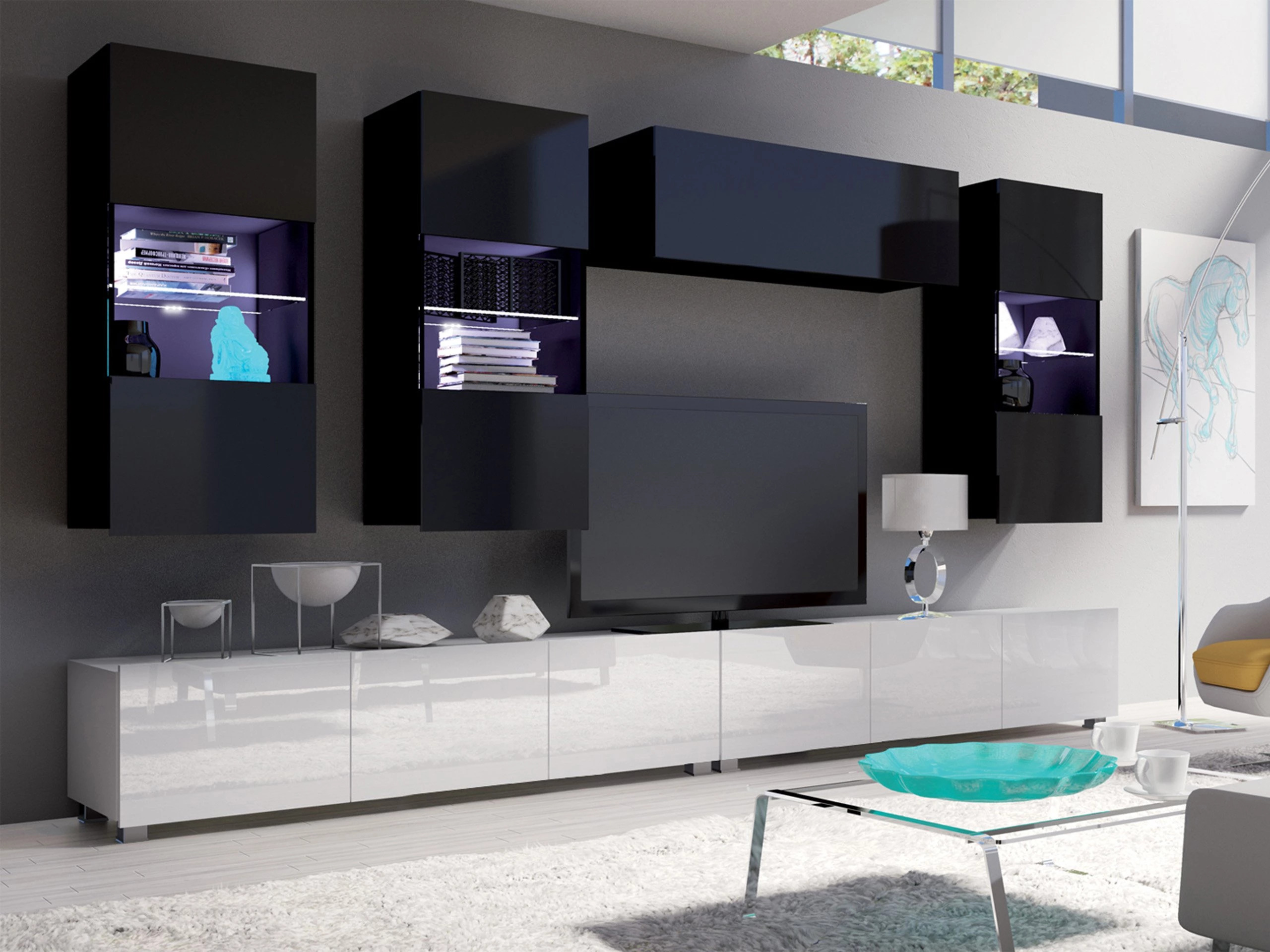 Living room set Remus V (White + Glossy white + Black + Glossy black)