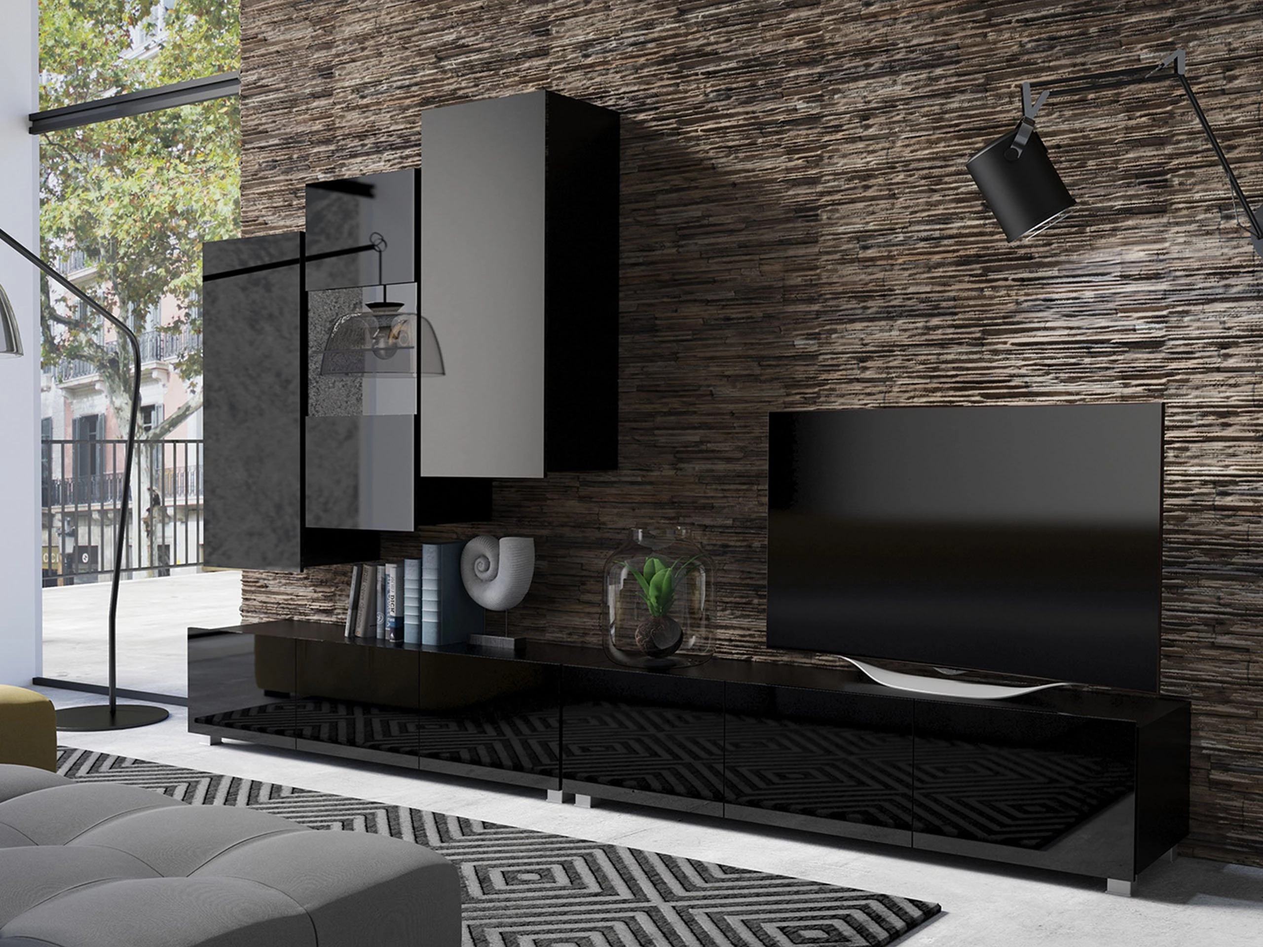 Wall cabinet Remus III (Black + Glossy black)