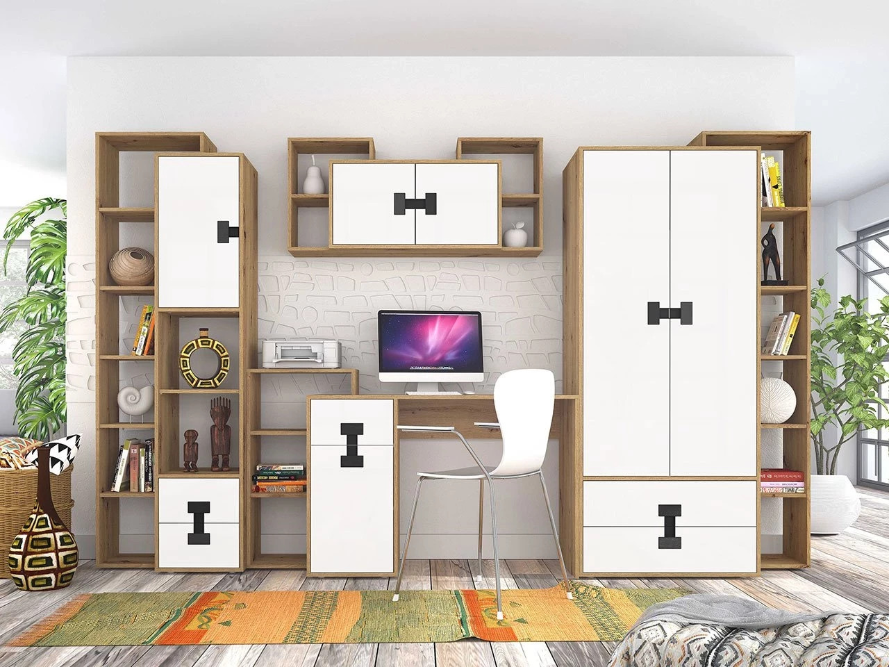 Home office set Florevi 104 (Matte white + Artisan oak)
