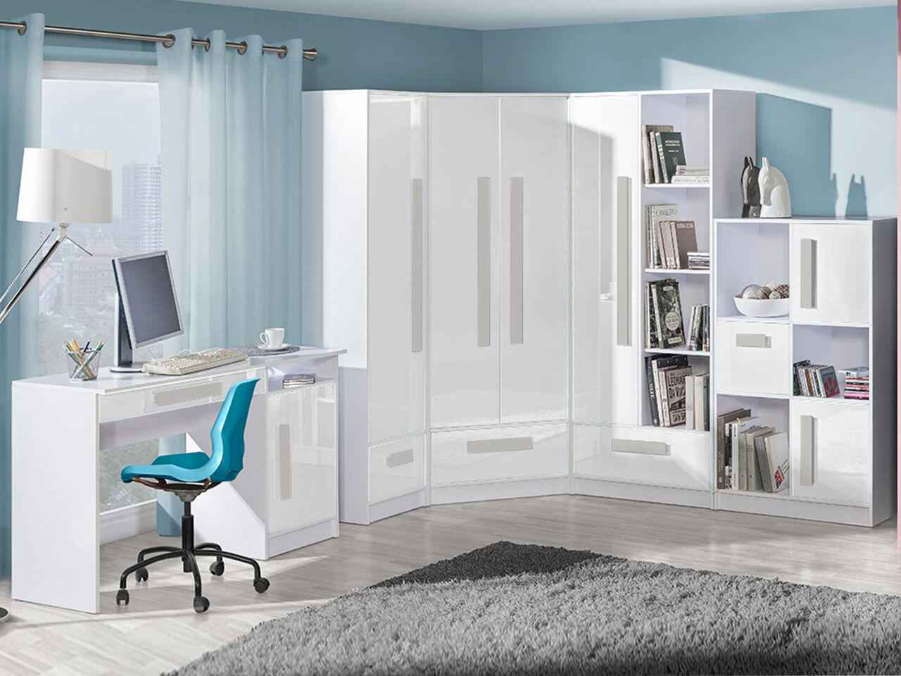 Bookcase Merevari 105 (White + Glossy white + Grey)