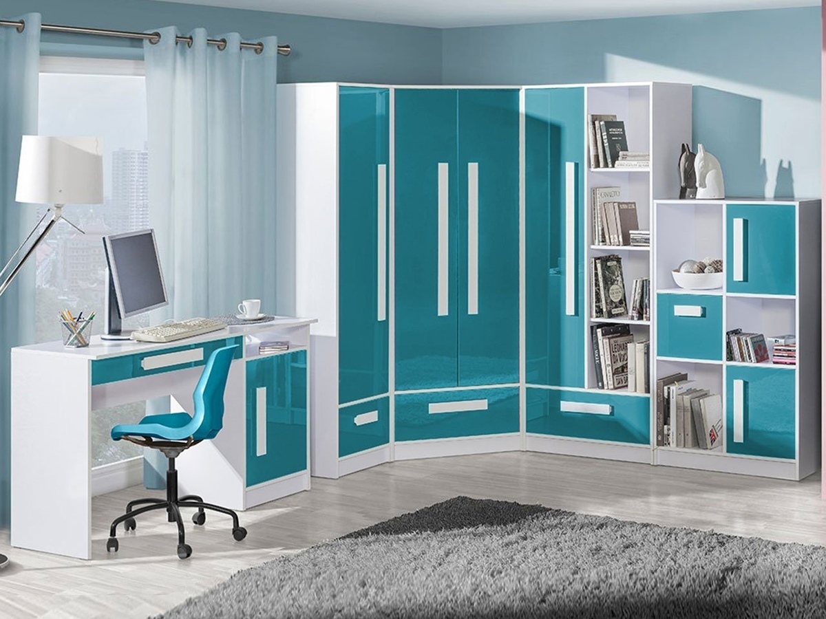 Corner wardrobe Merevari 103 (White + Glossy Turquoise)