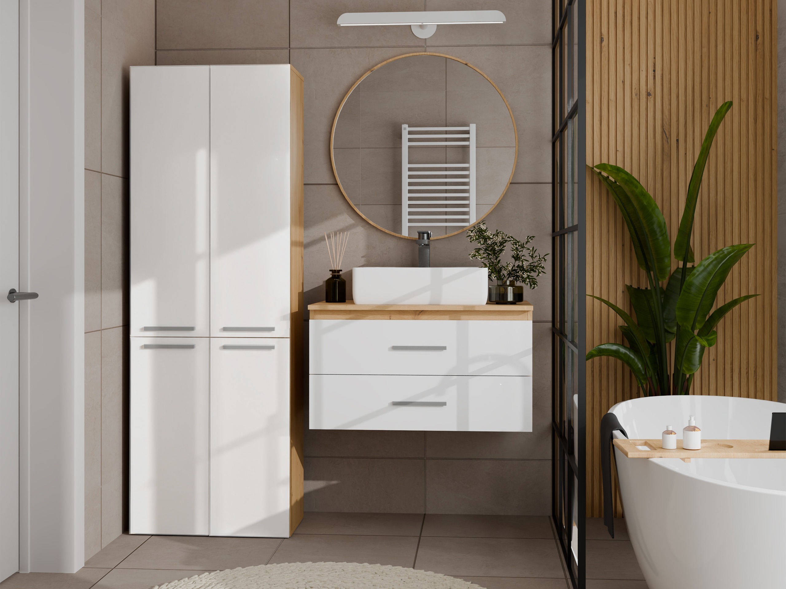 Standing bathroom cabinet Nolmaru 100 (Artisan oak + Glossy white)