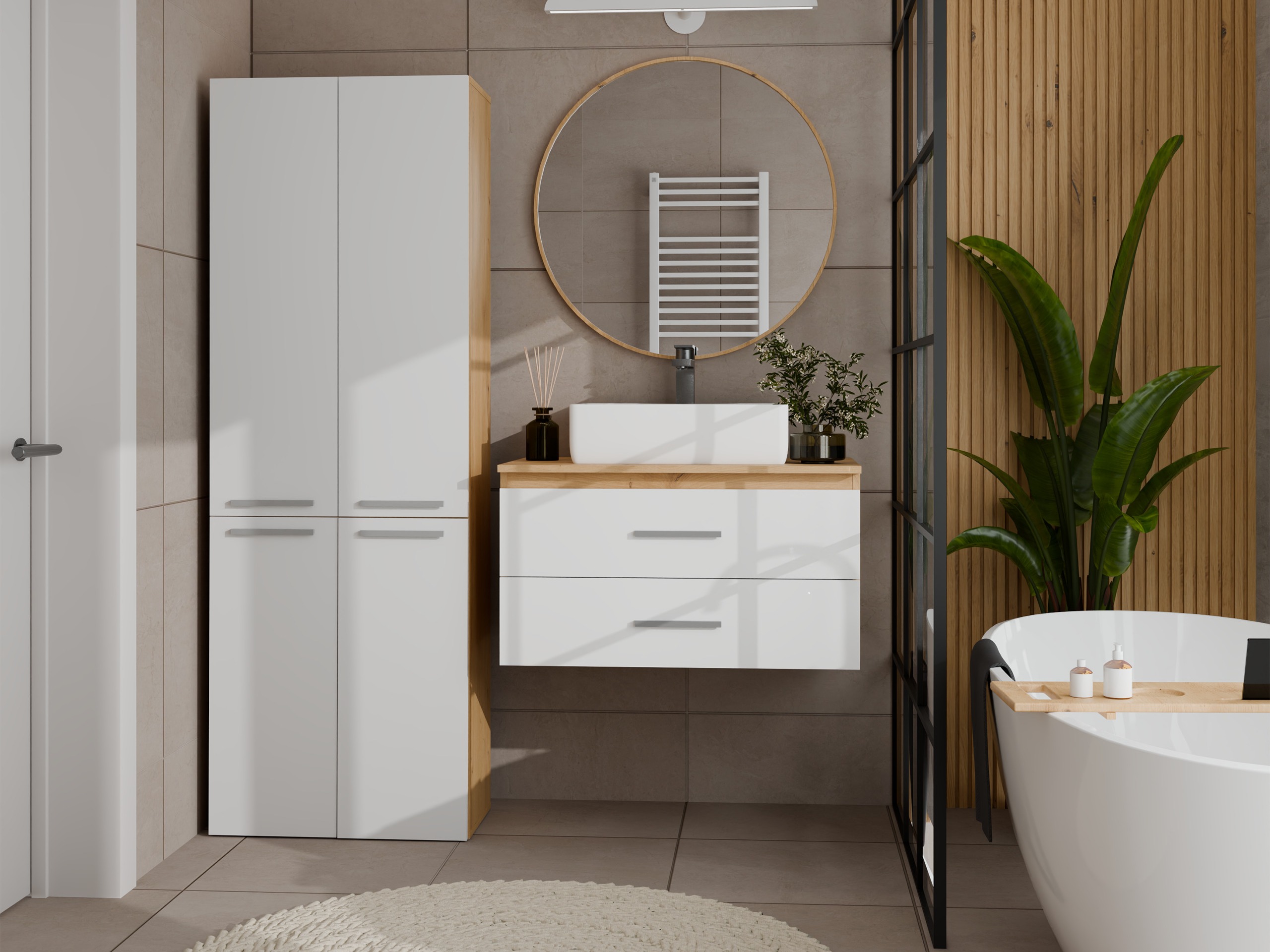Standing bathroom cabinet Nolmaru 102 (Artisan oak + White)