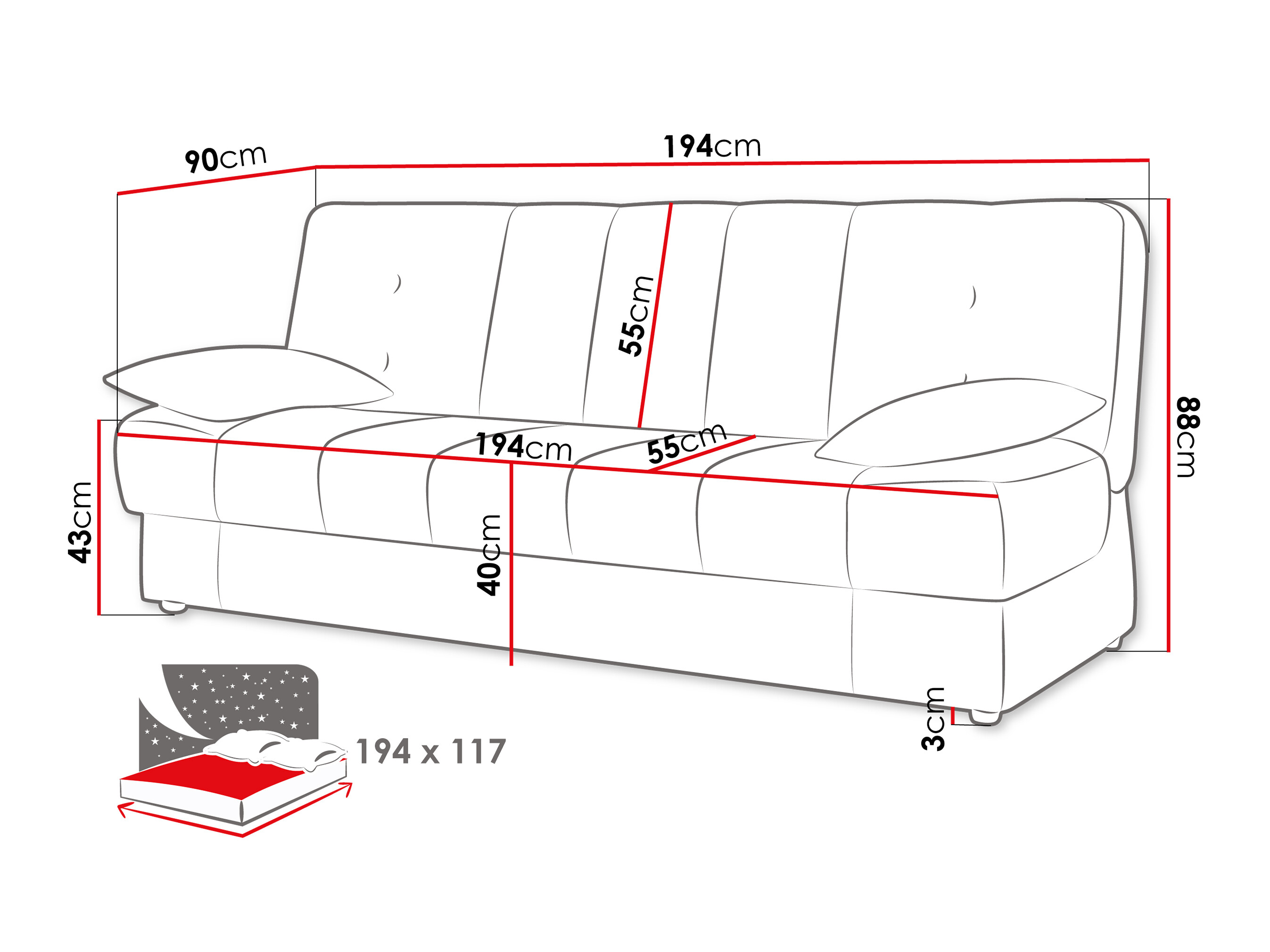 Sofa bed Columbus 120 (Neve 90)