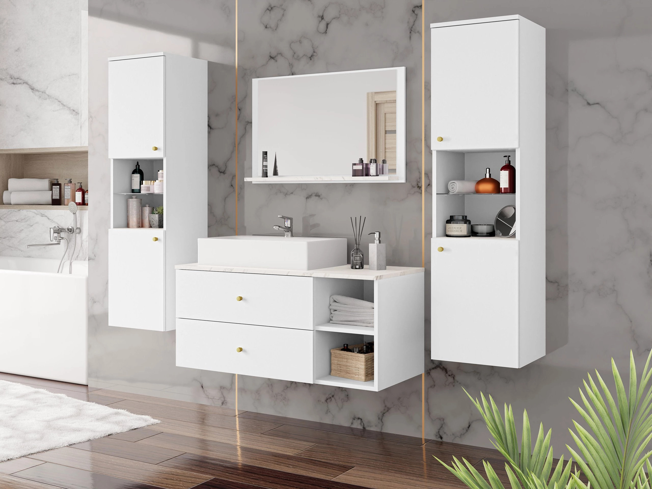 Wall-mounted bathroom cabinet for washbasin Salus (White + White marble)