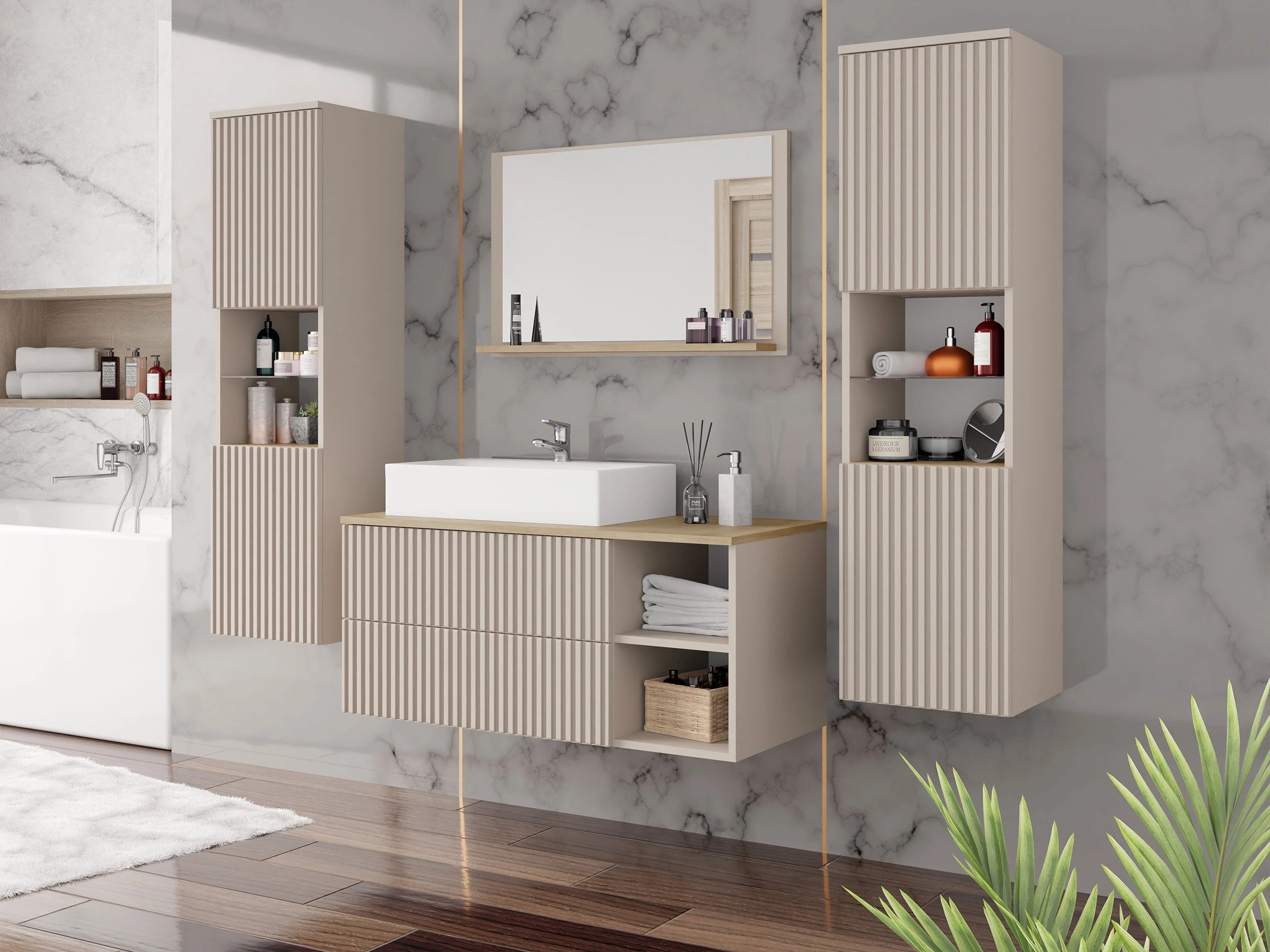 Wall-mounted bathroom cabinet for washbasin Nauta (Cashmere + Cremona oak)