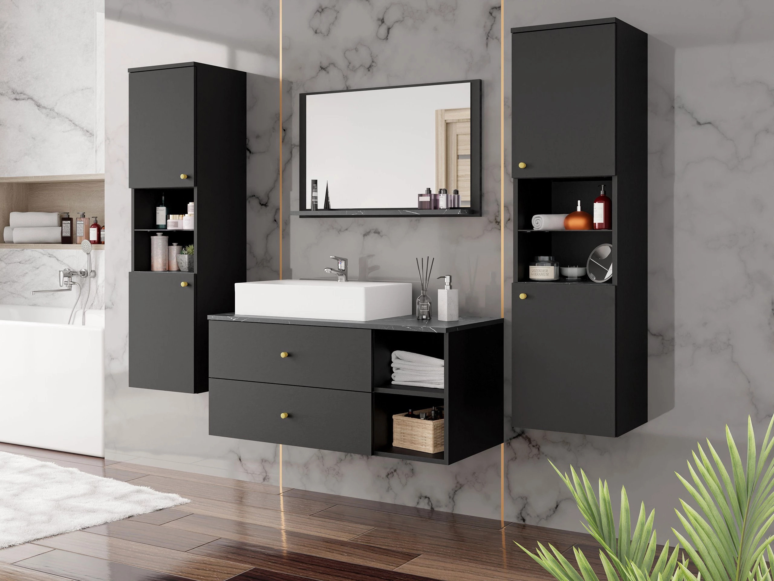 Wall-mounted bathroom cabinet for washbasin Salus (Black + Black marble)