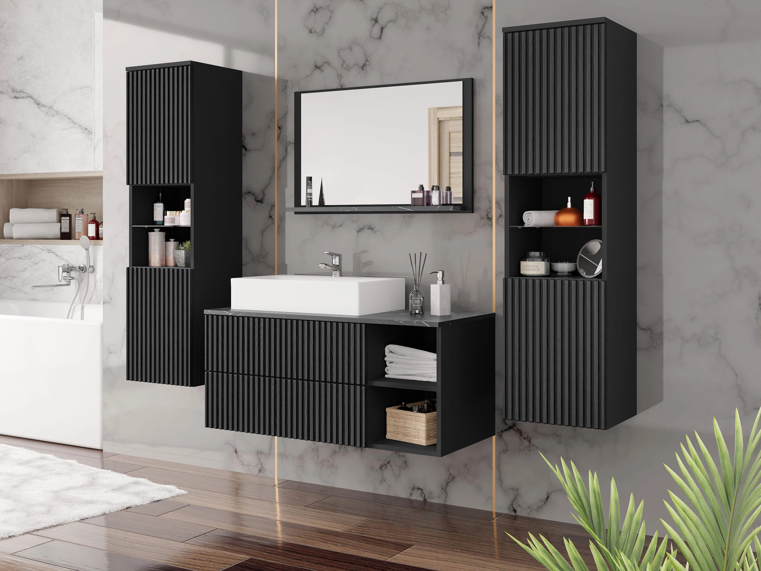 Wall-mounted bathroom cabinet Nauta (Black + Black marble)