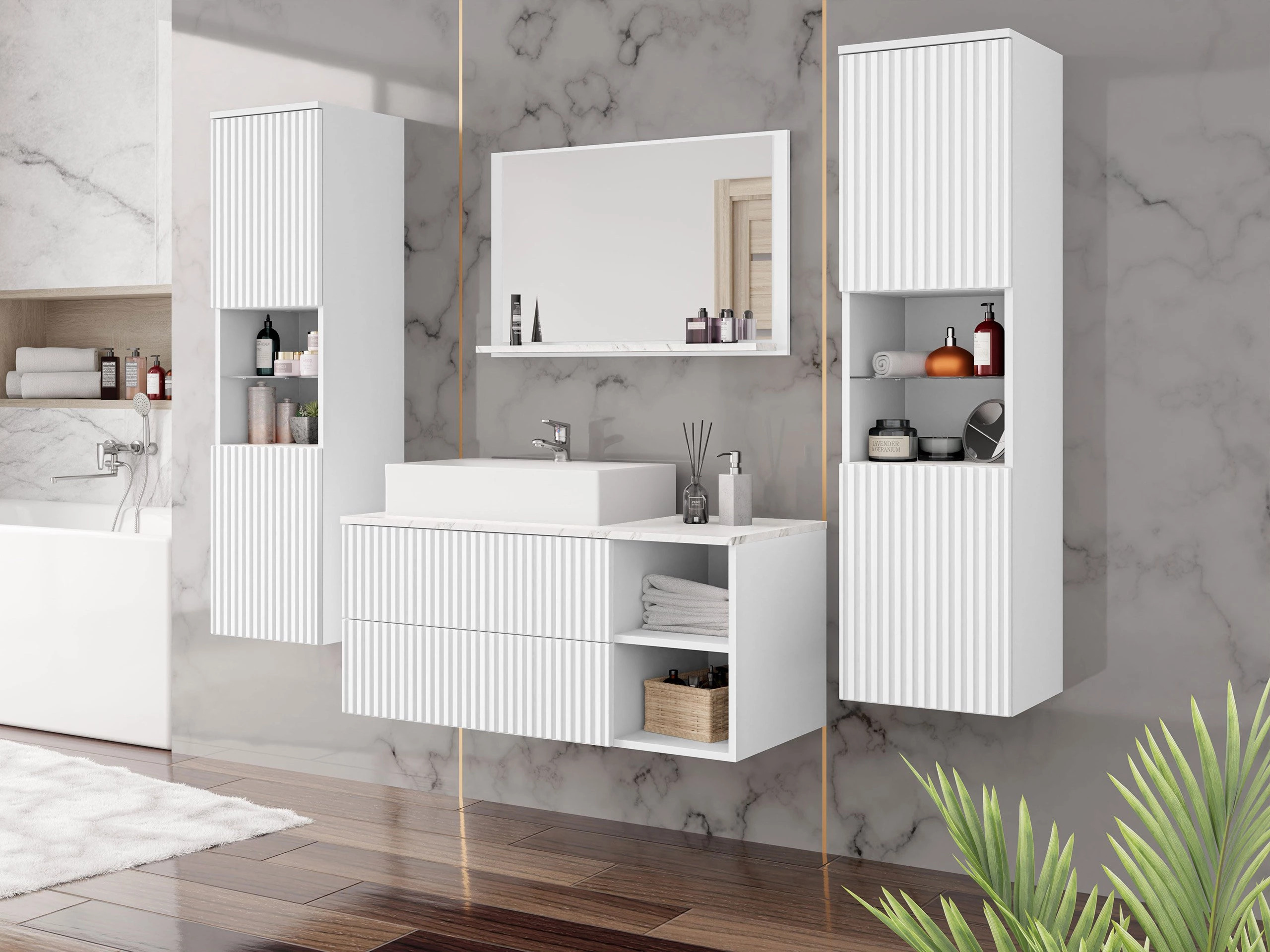 Wall-mounted bathroom cabinet Nauta (White + White marble)