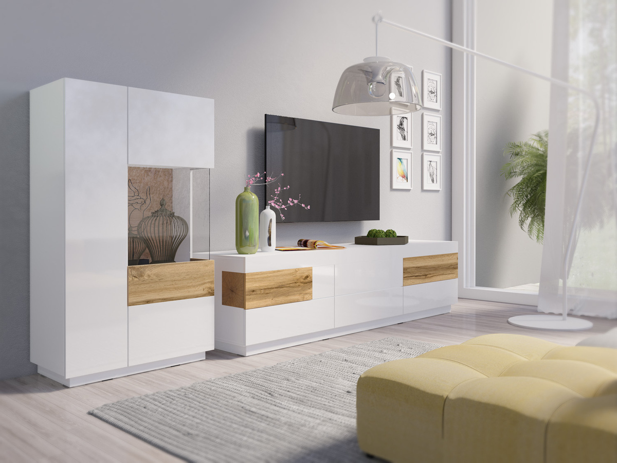 TV stand Livlore 102 (White + Glossy white + Wotan Oak)