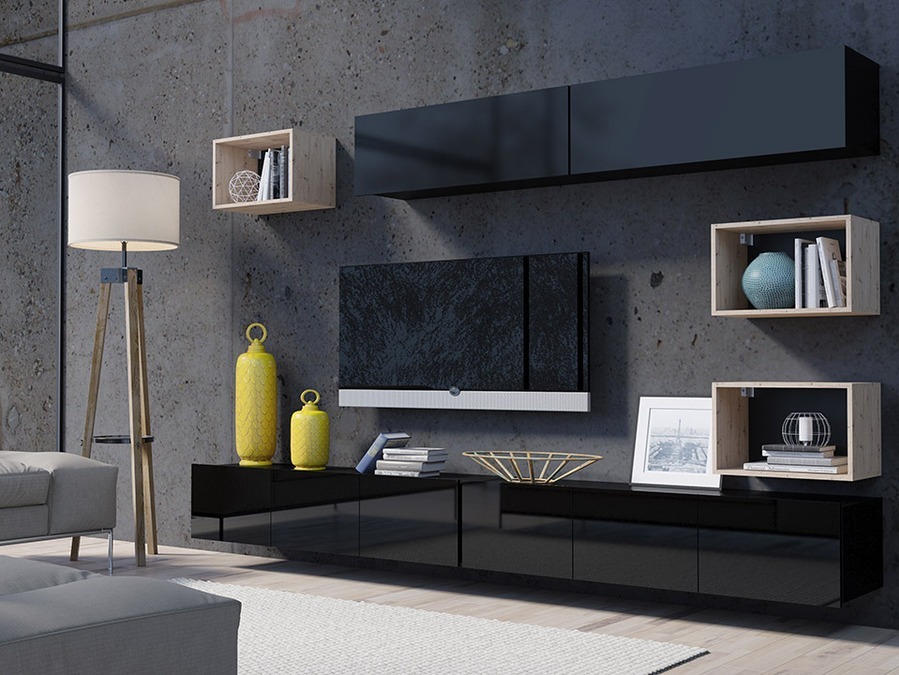 Living room set Remus XXXI (Black + Glossy black + Artisan oak)