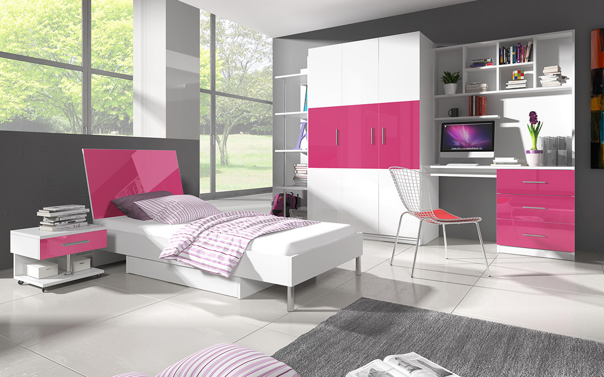Wardrobe Campus I (White + Glossy white + Glossy pink)